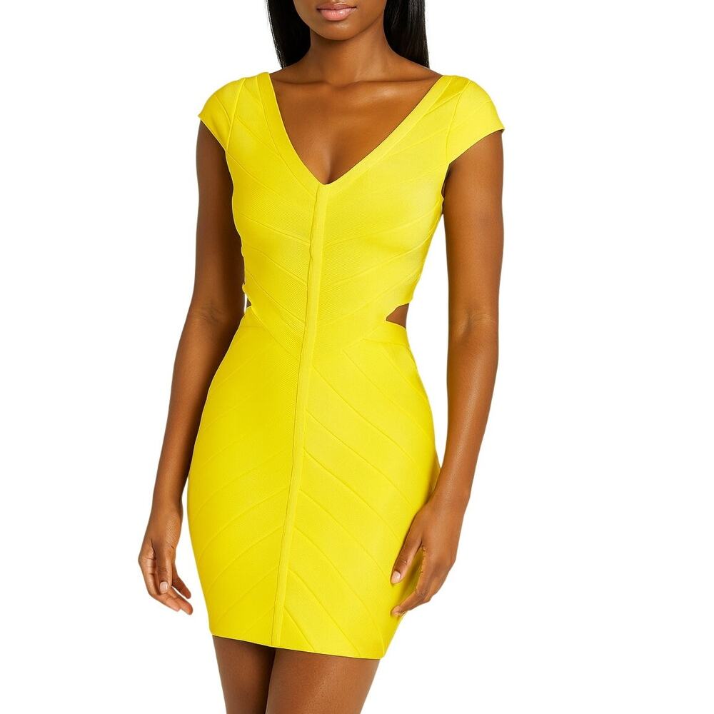 Bebe Lemon Yellow Cutout Bandage Dress Y2K Buttercup Cap Sleeve